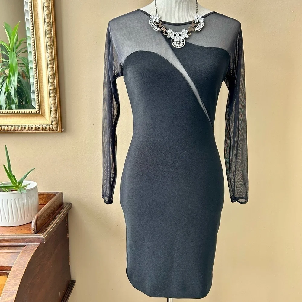 Vintage 90s Y2K Lew Magram Collection Long Sleeve Mesh Illusion Cocktail Dress S - Picture 3 of 9